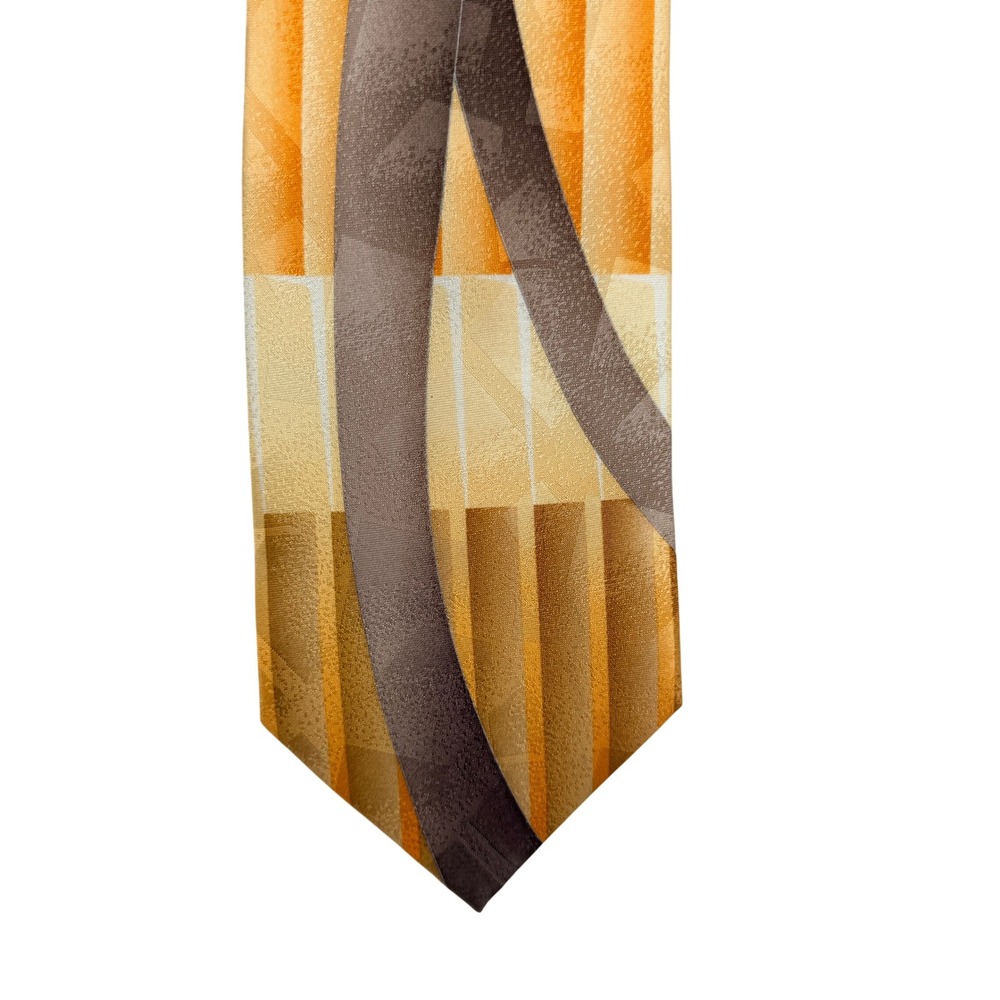 Fratello Mens Geometric Abstract Necktie Orange Gold Brown Striped Silk Trad Co